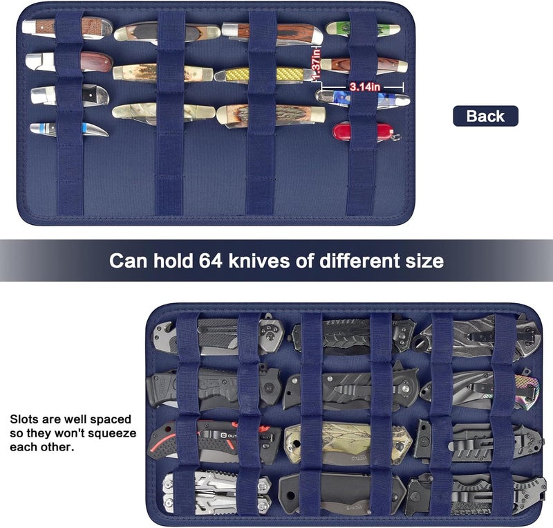 casmilee Knife Display Case for 64+ Pocket Knives, Folding Knives Cases for Collections, Butterfly Knife Storage Bag Holder Roll Organizer for Survival, Tactical, Outdoor, Kitchen, EDC Mini (Blue) - Image 4